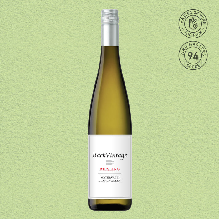 Bottle of BackVintage Riesling wine on a green background with awards displayed.