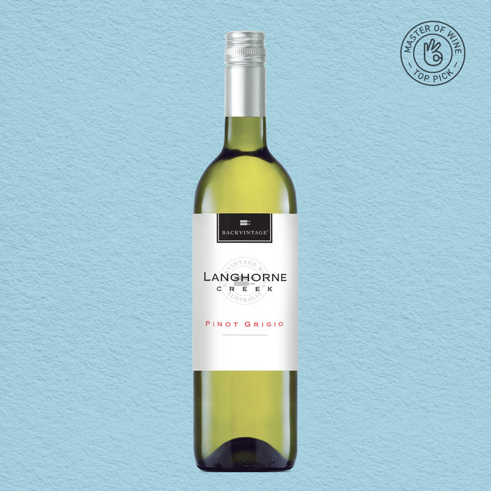 A bottle of Langhorne Creek Pinot Grigio white wine with a label that includes the name of the wine and the brand, set against a light blue background.