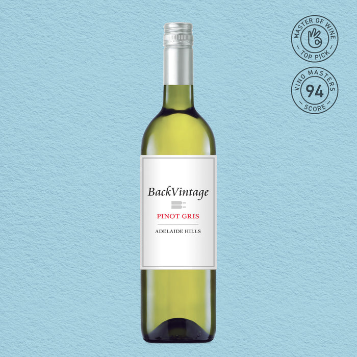 Bottle of BackVintage Pinot Gris wine on a light blue background with a rating emblem.